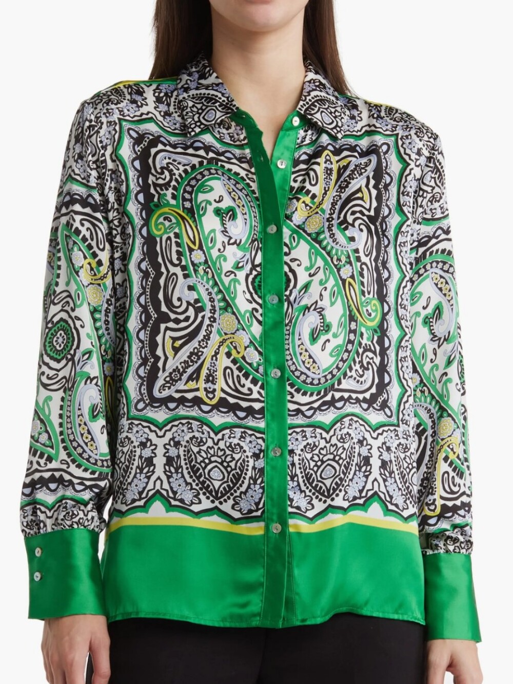 Zara Satin Green Paisley Button-Front Blouse Medium Women's